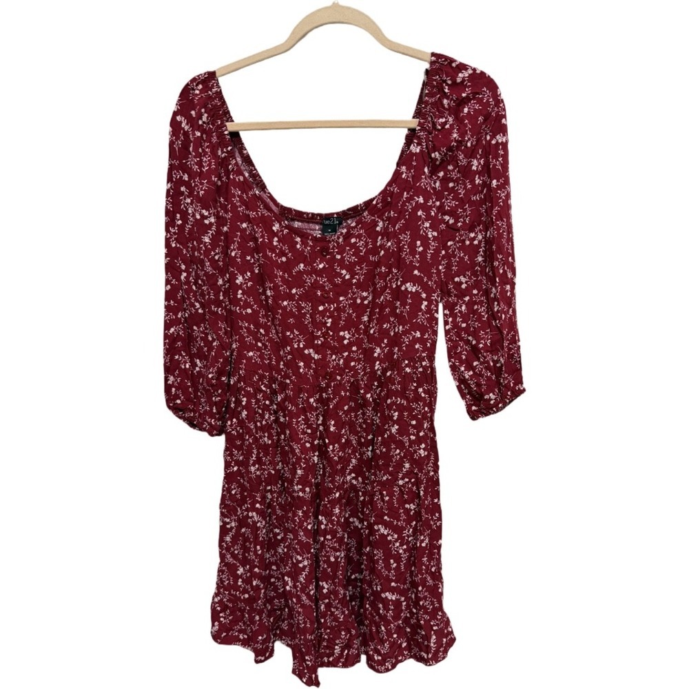 Rue21 NWT Burgundy Floral Mini Dress Medium Cottagecore Boho Smocked Square Neck